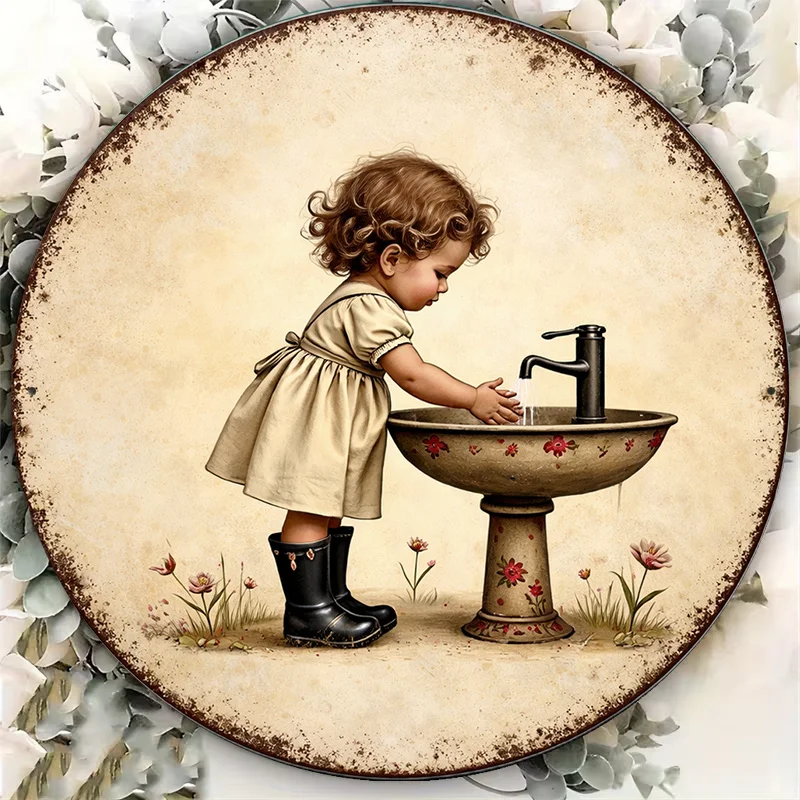 2D Flat, Retro Little Girl Washing Hands Wall Sign - Hygiene Decoration Plaque with Vintage Washing Hands, Suitable for Kitchen