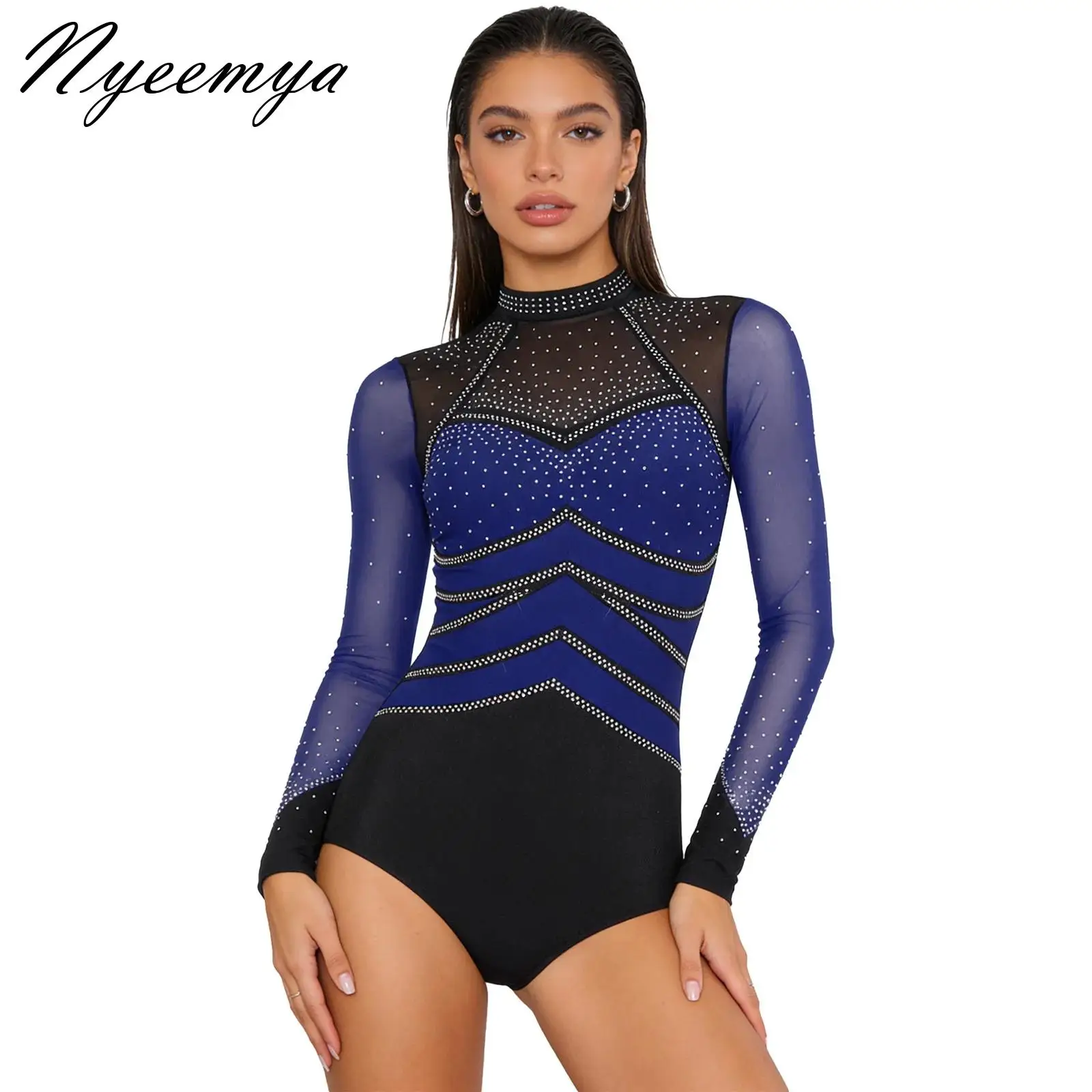 

Women Figure Skating Leotard Latin Dance Ballet Gymnastics Bodysuit Long Sleeve Rhinestones Color Block Jumpsuit Dancewear