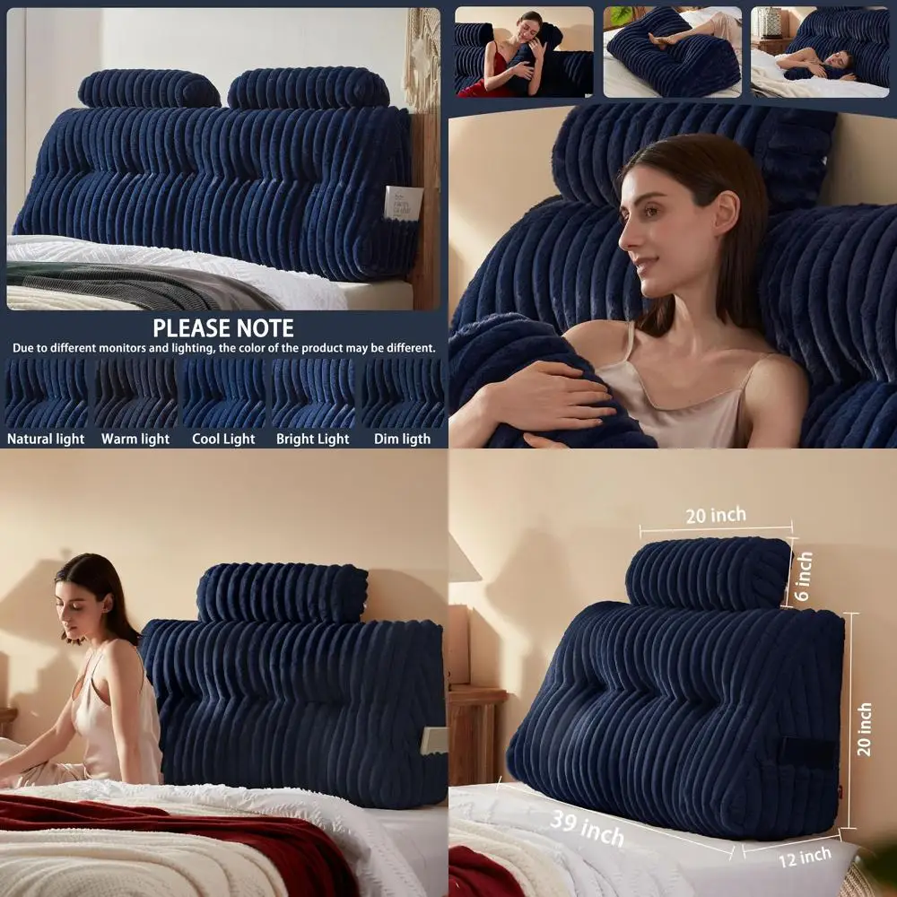 

Luxury Faux Fur Twin Headboard Pillow Set with 2 Neck Roll Pillows, Soft and Supportive, Removable Cover (Blue)