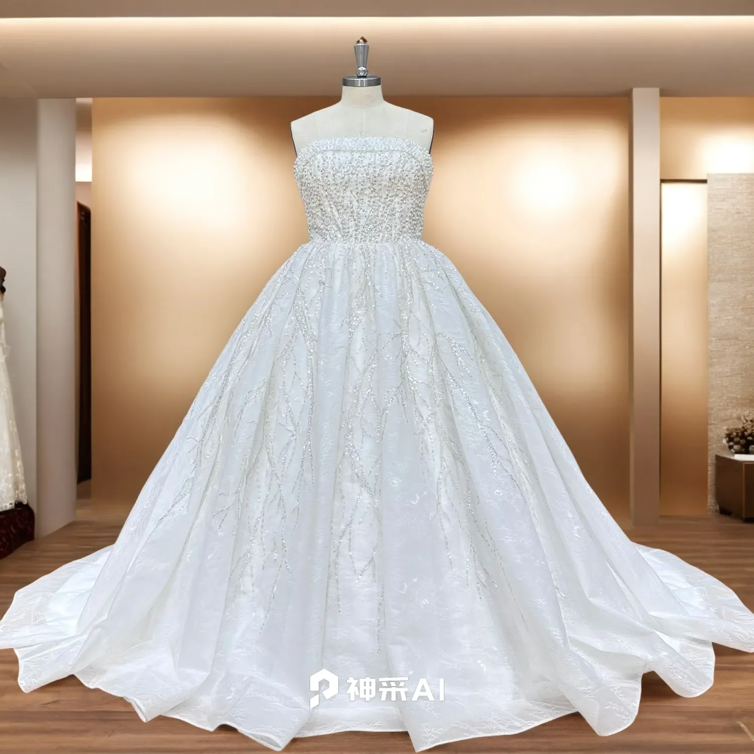 

Hire Lnyer Strapless Neck Pearls Beads Sequins Appliques Lace Gorgeous Ball Gown Wedding Dress Real Office Photos Video