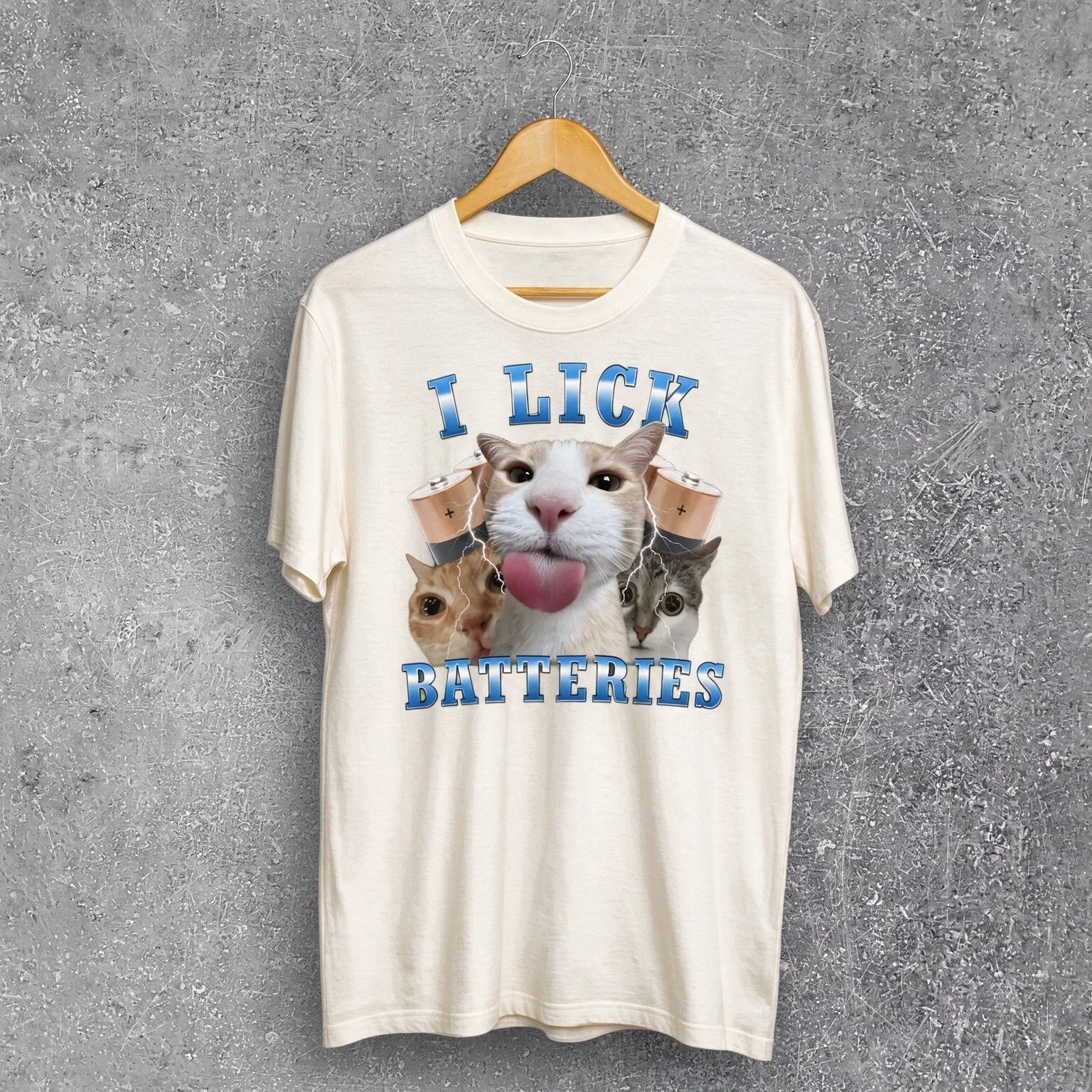 I Lick Batteries Cat Funny Meme Weird Graphic Tee T Shirt Men's Women's Unisex Cotton Retro Edgy Cool Oversized Short Sleeve Top