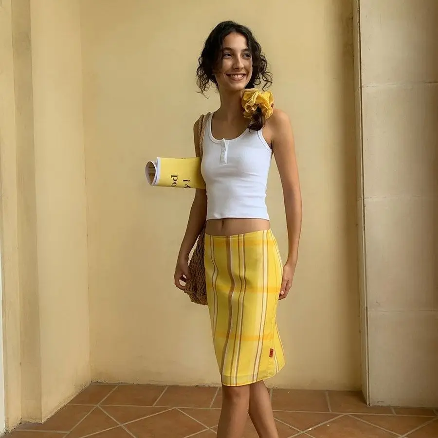 

French Vintage Lemon Yellow Checkered Skirt Elegant High Waist Pencil Skirt Women's Classic A-Line Straight Hem Midi Skirt 2025