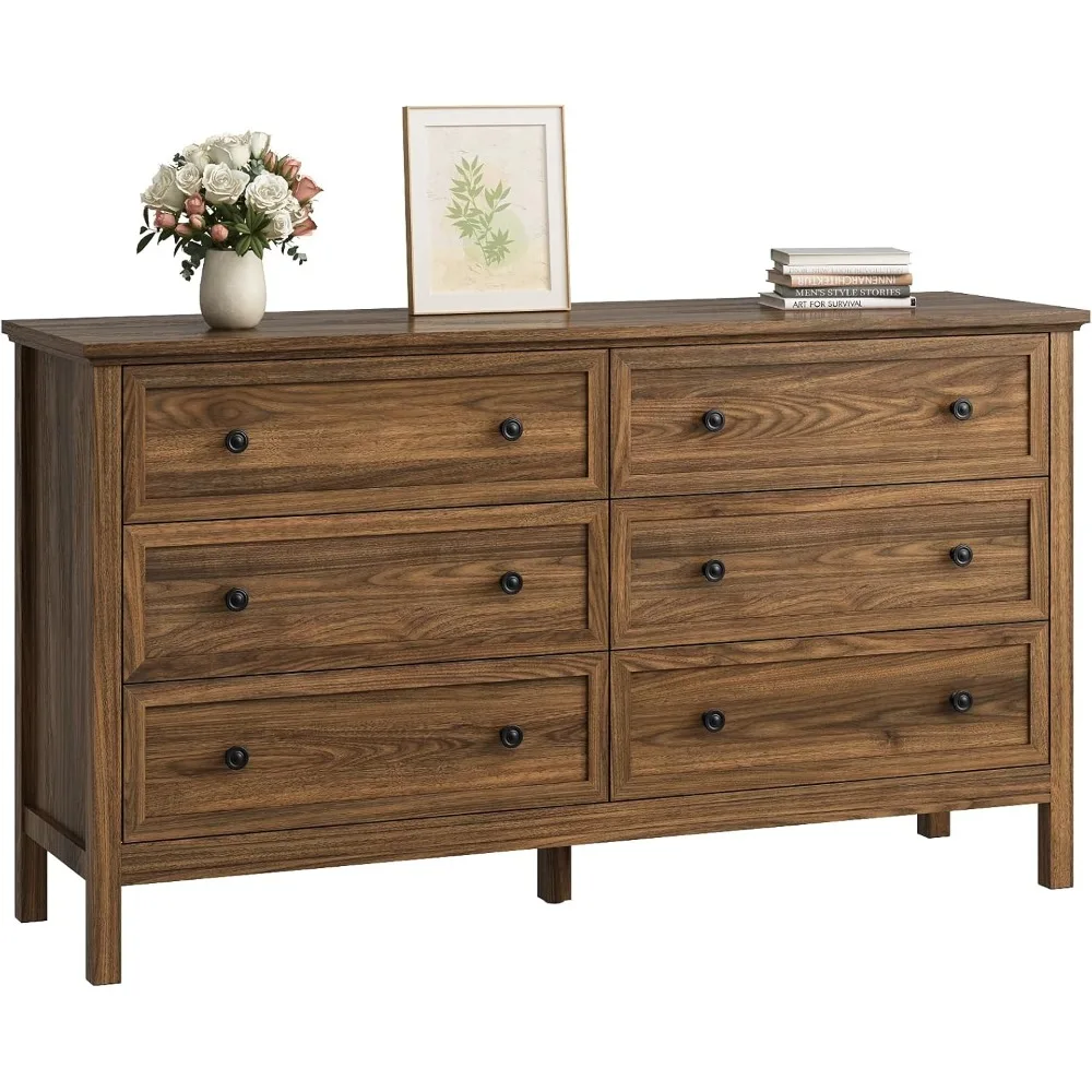 CARPETNAL 55 Walnut Dresser for Bedroom, 6 Drawer Dresser with Wide Drawer and Metal Handles, Wood Dressers & Chests of Drawers