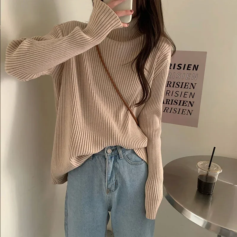 

Винтажный свитер с высоким воротником большого размера, джемперы, осень-зима, повседневные теплые пуловеры с низом, простой вязаный свитер в полоску