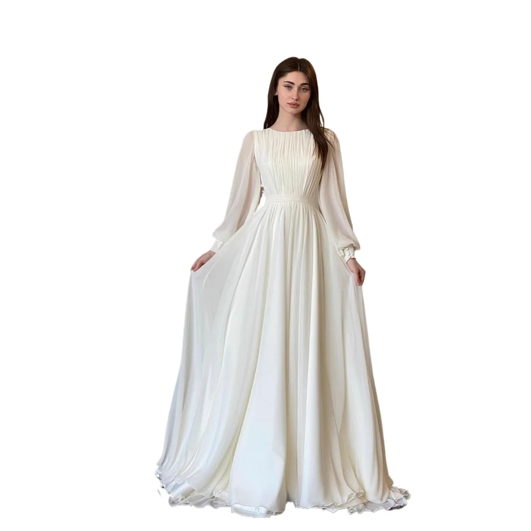 

2026 Spring Fashion Palace Style French White Double layered Chiffon Grand Swing Princess Fairy Dress Long Skirt Dress