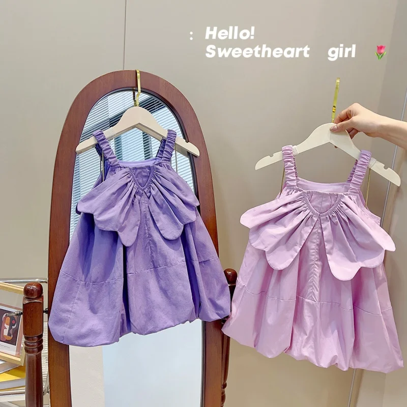 Girls' Wings Sling Dress Summer Korean Style Loose Dumbo Princess Dress Children's Elegant Pink Dress23118