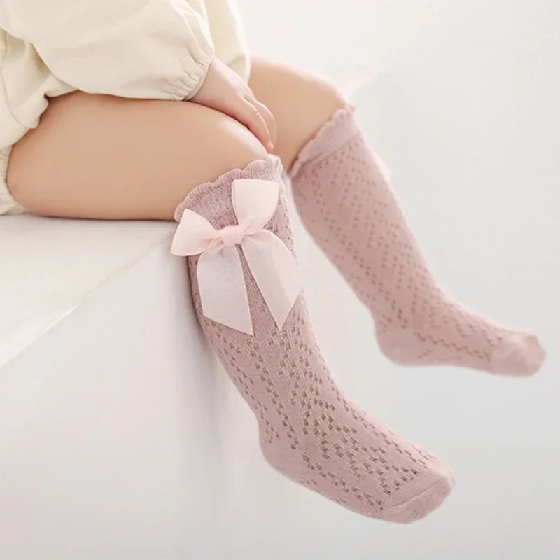 Summer Baby Girls Socks Toddler Bow Long Sock Kids Knee High Soft Cotton Mesh Stocking Spanish Style Hollow Out Lace Socks 0-3Y