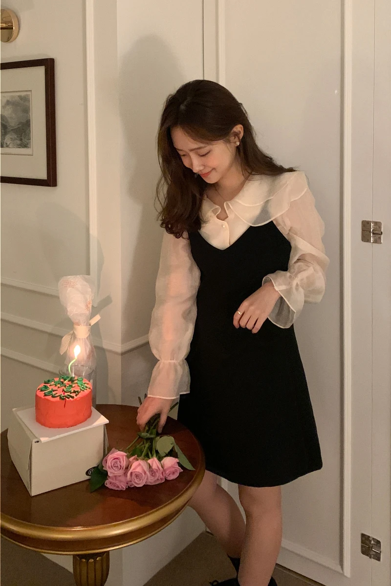 เกาหลี Sle ยาว Sve หวานตุ๊กตาผู้หญิง irt กับกระโปรงจีบฤดูใบไม้ผลิอเนกประสงค์เดินทางเอวสูง A-Line D...