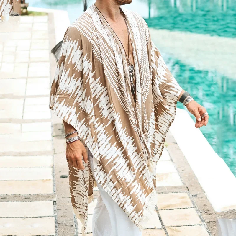 Spring/Summer New Fashion Men's Print Beach Poncho Trend Loose Casual Wrap Sunscreen Jacket Men's Clothing hawaiian shirt