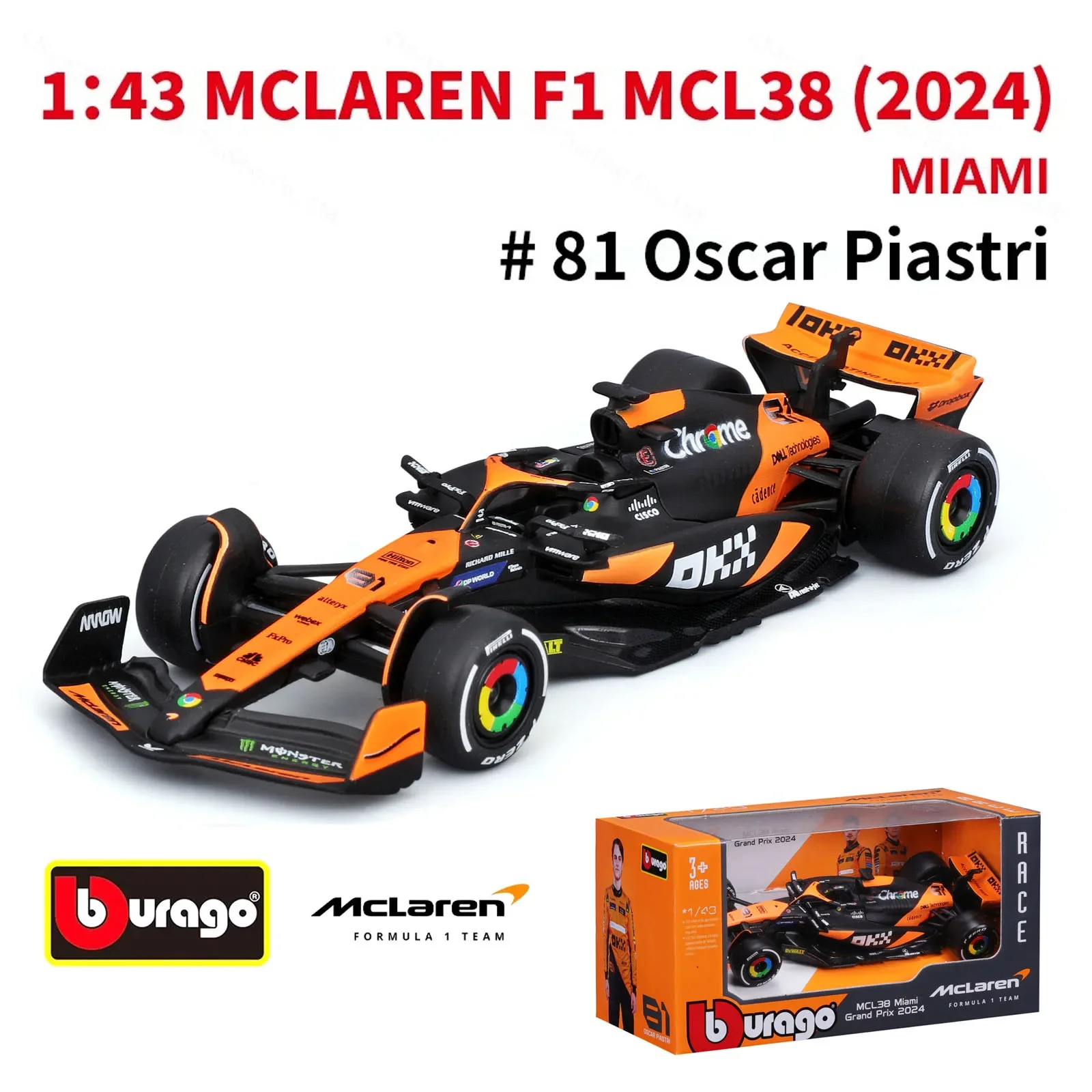 Bburago 1:43 2024 Mclaren MCL38 Miami Monaco F1 Formula Car Die Cast Vehicles Collectible Model Racing Toys