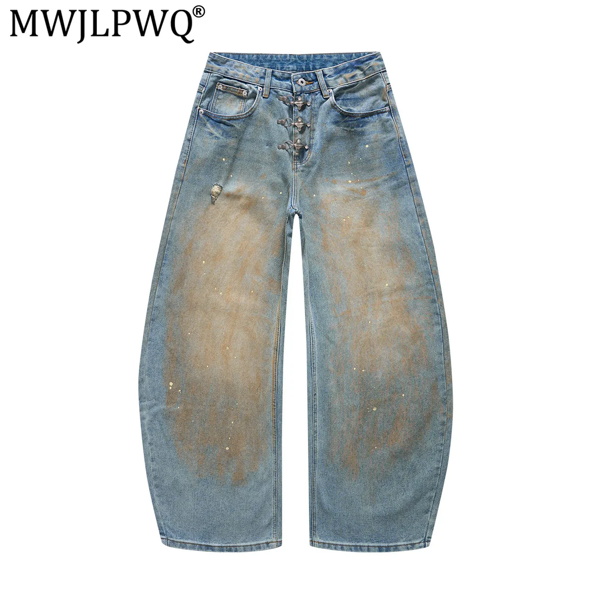MWJLPWQ American Mud-Dyed Gradient Curved Jeans Men's Light Blue Distressed Splash-Ink Buttoned Cuffs Wide Leg Trousers 21460