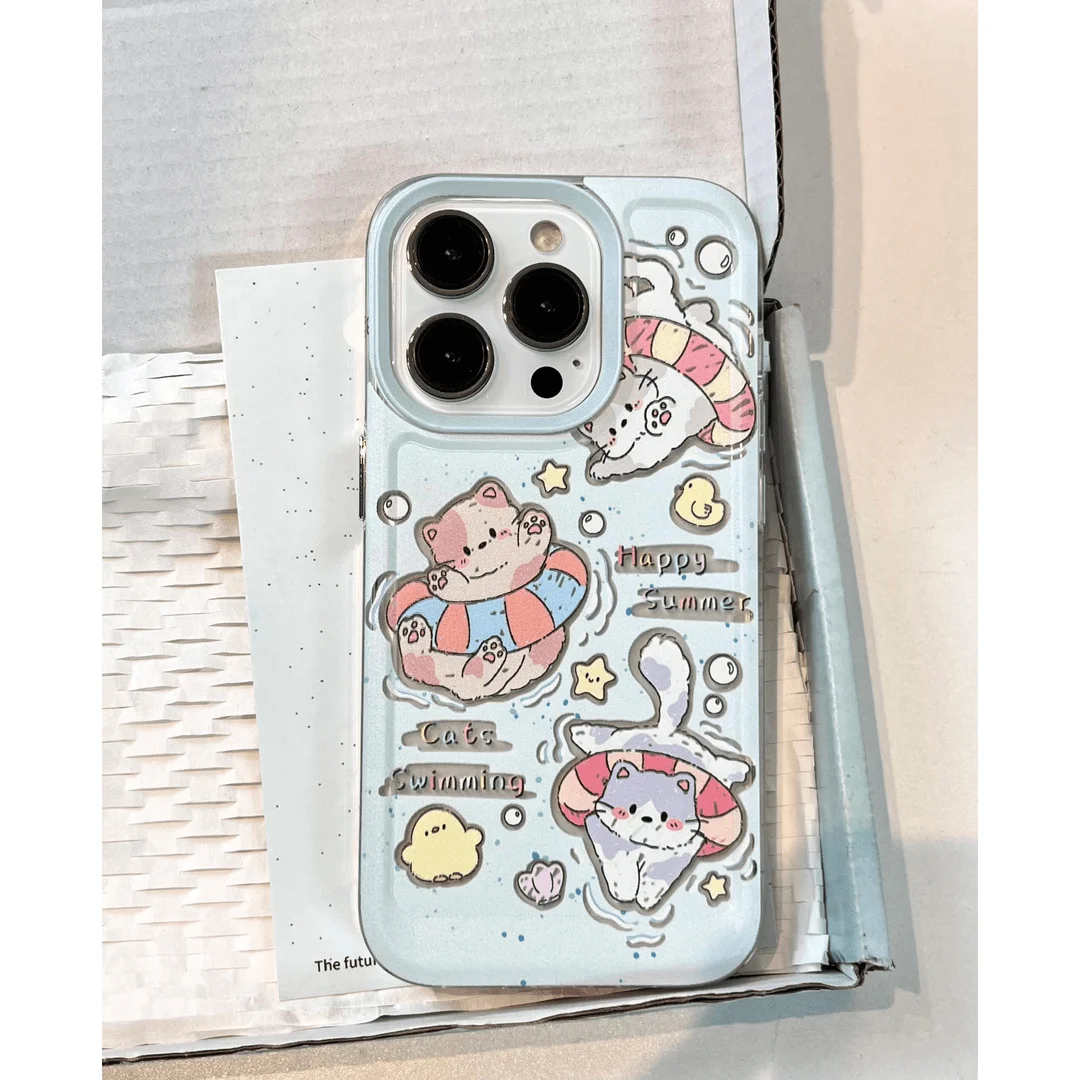 Cartoon Cute Swimming Cat Clear Space Phone Case For Oppo F11 Find X5 Reno 6 7 7Z 8 8T 10 11 12 Realme 9 C30 C53 C63 Pro Plus 5G