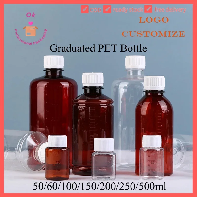 10/20/50/100pcs Graduated plastic bottle 50/60ml PET Clear Brown Empty Alcohol Container 250/500ml Jh6701