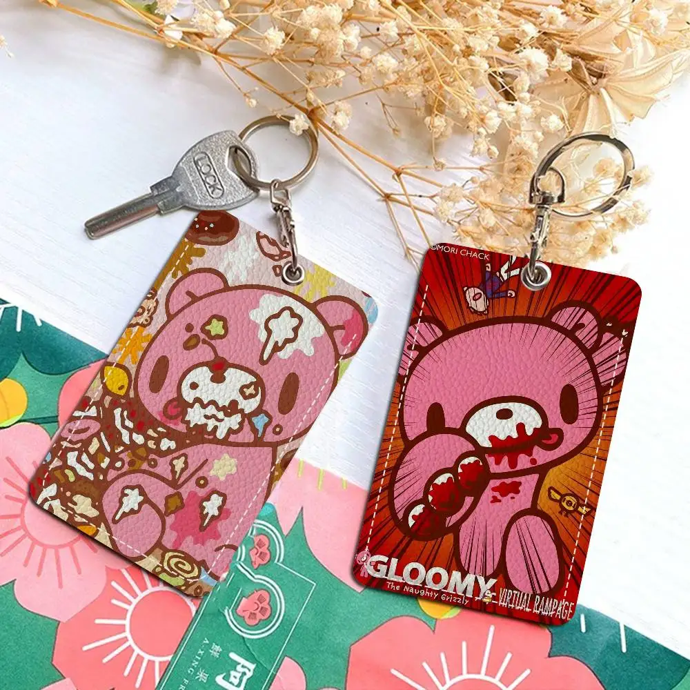 Cartoon G-Gloomy B-Bear Rectangle ID Card Case Keychain Access Card Bag Key Tag Ring Leather Card Holder Key Ring Access