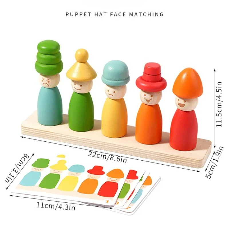 Jouets de tri des couleurs Montessoris jouets d'apprentissage précoce en bois motricité Fine chapeau de marionnette Match de visage jouets empilables créatifs pour enfant