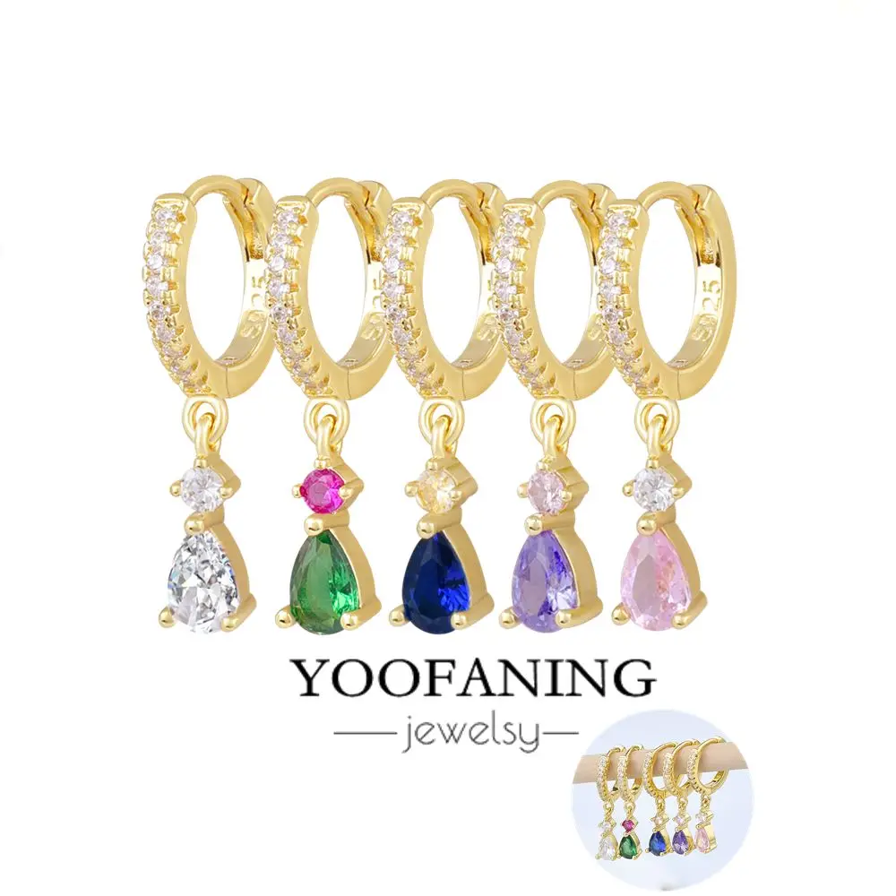 YOOFANING 925 Sterling Silver Ear Needle Water Drop Geometric Multicolor Zirconia Water Drop Design Pendant Women's Earring