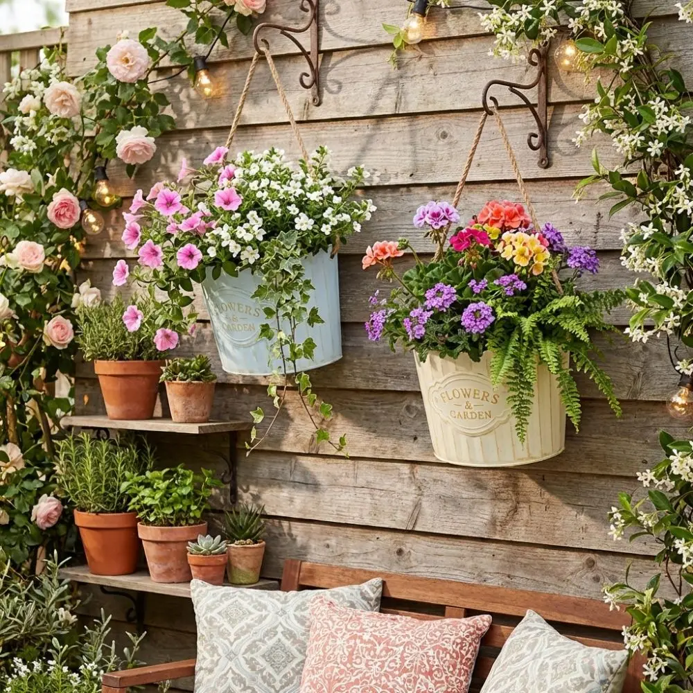 Semi Round Hanging Flower Pot Retro Iron Art Wall Mounted Wall Mounted Planter Handmade Plant Bucket Flower Container