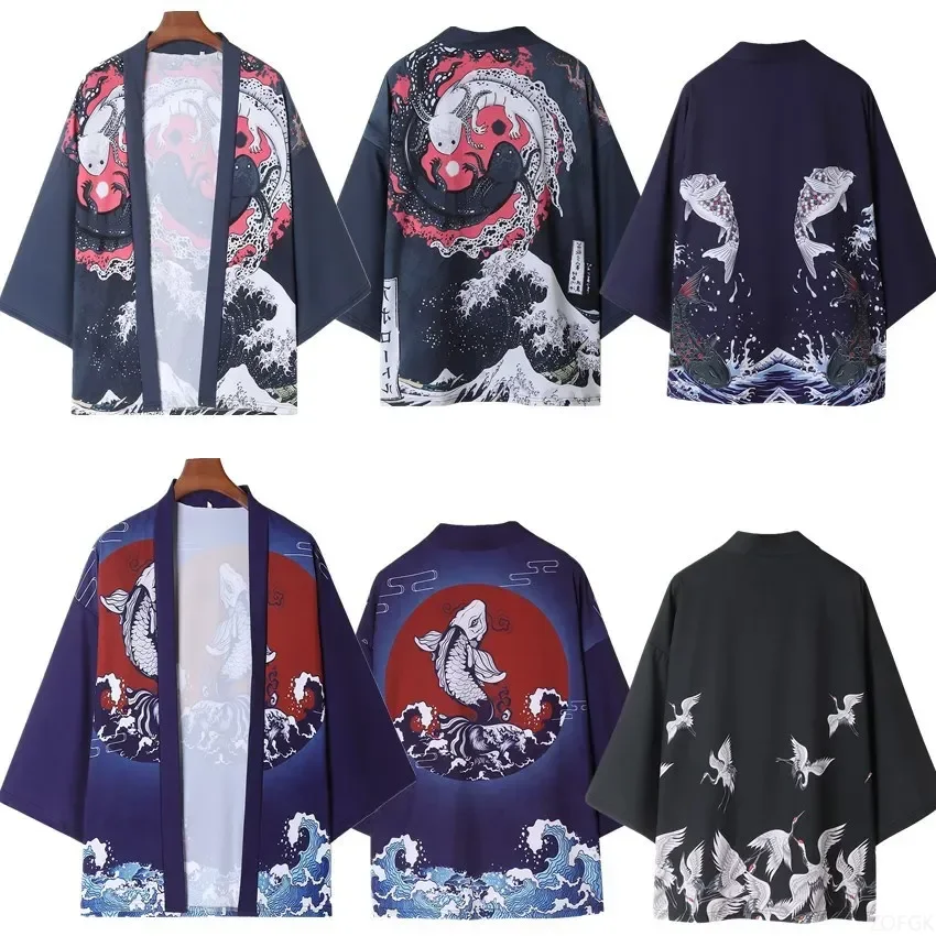 

Китайский стиль, журавль, карп, дракон, летающая одежда в этническом стиле, летний кардиган, кимоно, плащ, халат, мужской топ с коротким рукавом