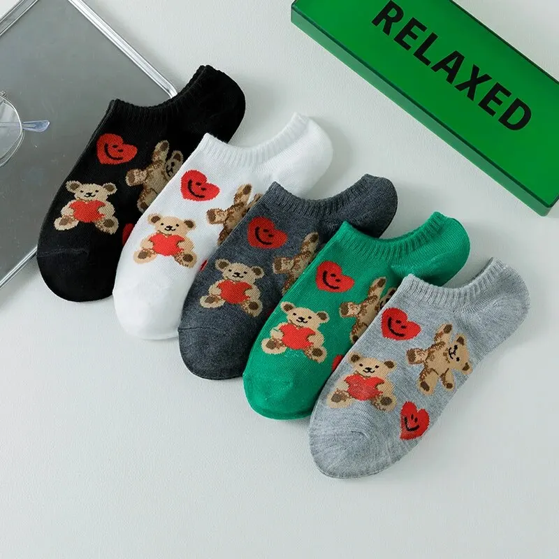 5 Pairs of WOMEN\'S Boat Socks, Cute Bear Comfortable Rubber Band Short Socks, Odor and Sweat Resistant Low Cut Ankle Socks