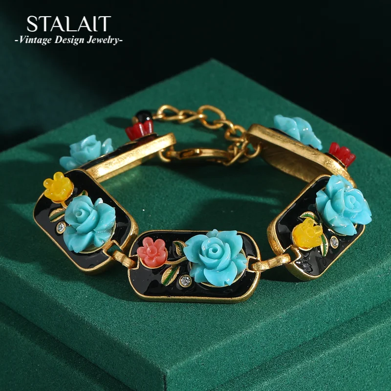 

Vintage Blue Rose Flower Bracelet High Quality Woman For Girls Black Natural Stones Charm Gold Color Wedding Jewelry 2025