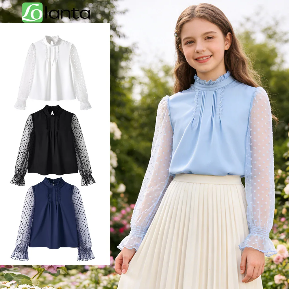 LOlanta Girls Long Sleeve Shirts Chiffon Blouses with Polka Dot Ruffle Cuffs Cute Frill Neck Tops for Girls Spring Fall 7-13Y