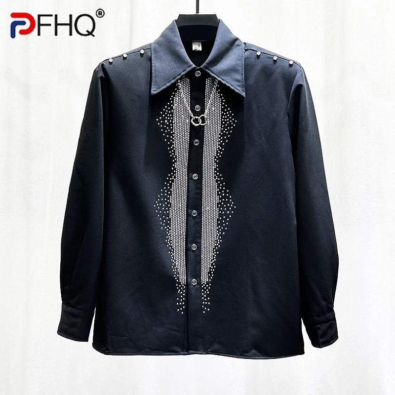 

PFHQ New Diamond Inlaid Design Shoulder Men Personalized Trendy Loose 2024 Turn-down Collar Long Sleeve Male Tops 21Z6101