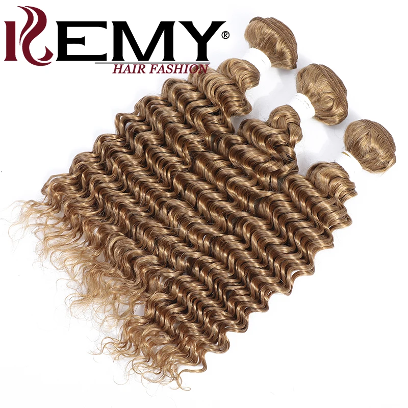 Tissage en Lot Brésilien Naturel Remy avec Closure, Couleur Blond Miel, Deep Wave, 3 Lots