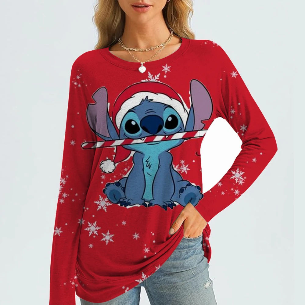 

2026 Summer New ChristmasLilo&Stitch Anime Printed T-shirt Vitality Street Casual Women's O-neck Long sleeved Top