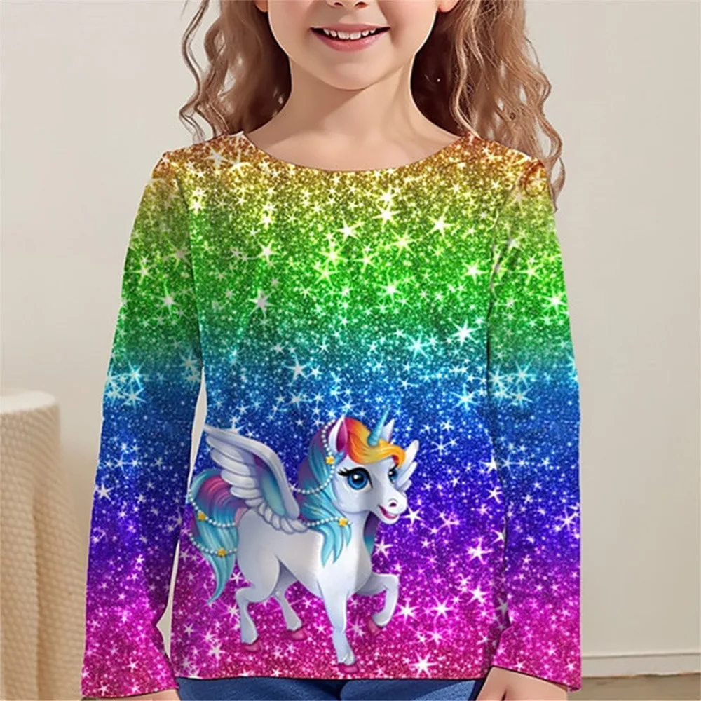 Children Clothes Girl 8 to 10 Years T Shirt for Girls Unicorn Horse Cartoon Animal Spring Fashion Clothing One Piece Kid Tee Top