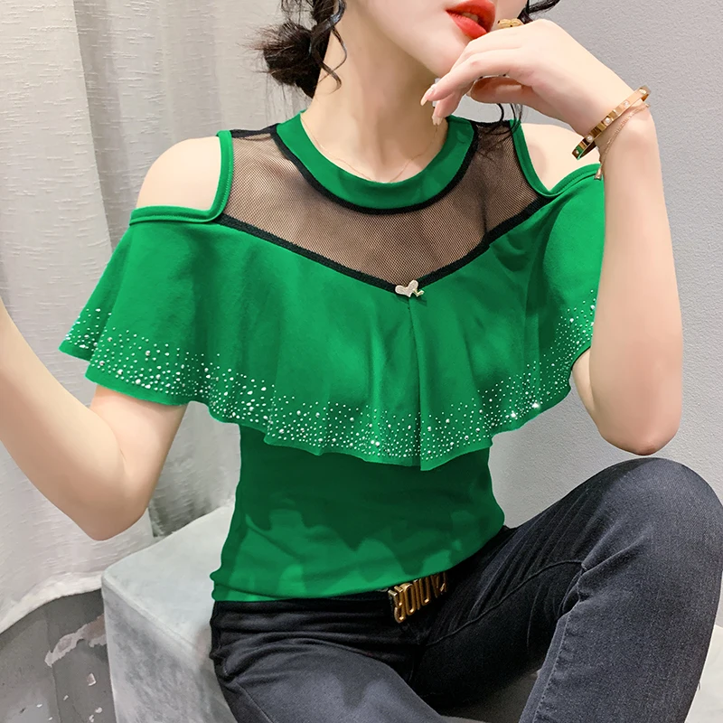 MadBlack Summer European Clothes Round Necks T-Shirts Ladies Sexy Ruffles Hot Drilling Slim Mesh Tops Short Sleeve Tees T34406C