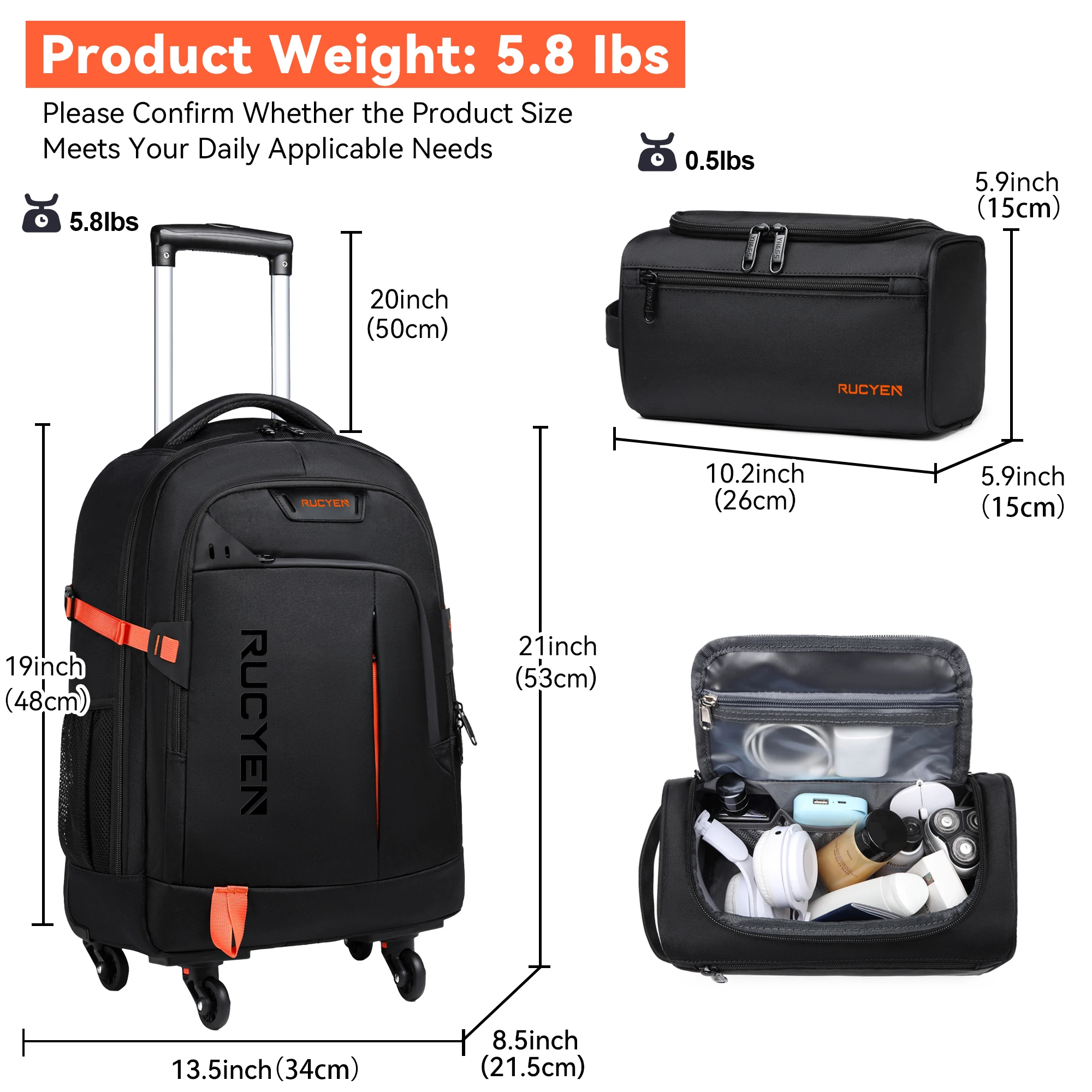 22 Inch Backpack Carry-on Bag Water-Proof Travel Backpack Detachable Wheels Rolling Wheeled Backpack for Business Travel Laptop