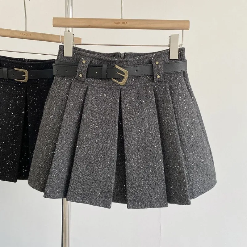 

Women Clothing Spring Autumn Fashion Simplicity Solid Color Glitter Woolen Cloth Skirt Female Trend Vintage Appear Thin A-line S