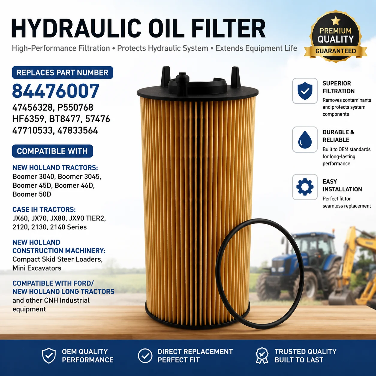 Filtro de Aceite Hidráulico 84476007, Reemplazo P550768, Compatible con New Holland BOOMER 3040 45D, Case IH JX60 JX70, Tractor, Minicargadora