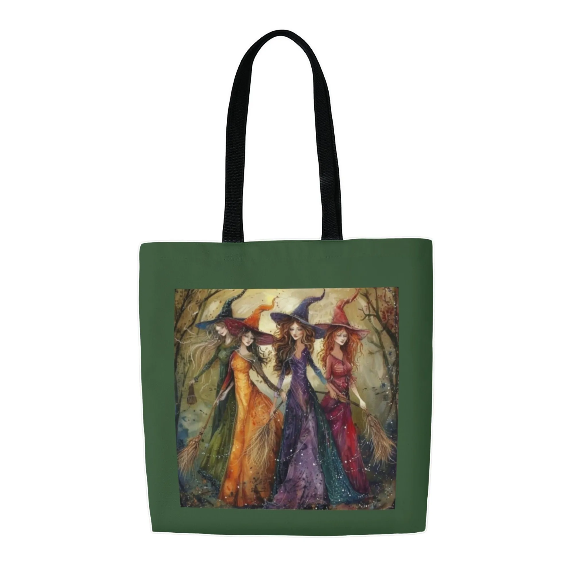 Fantastic Gothic Lovers Canvas Tote Bag, Dark Green Fantasy Witch Coven Themed Shoulder Bag Reusable Shopping Bag for Women