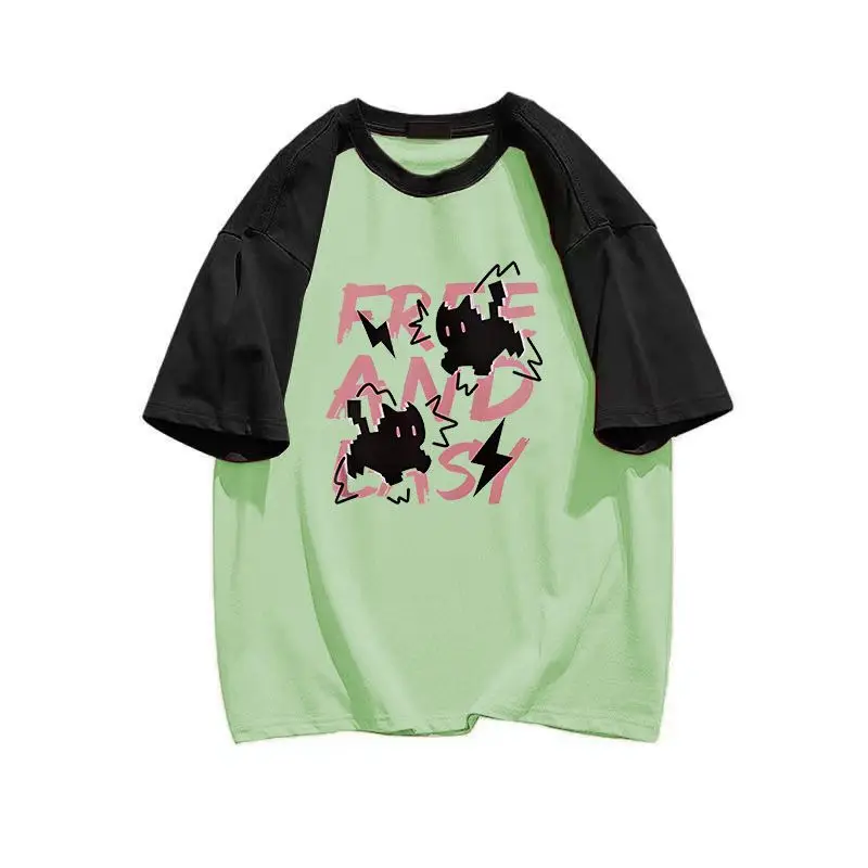 Cotton Contrasting Printed Short Sleeved T-shirt for Women Loose and Versatile with Shoulder Sleeves Sweet and Stylish Top
