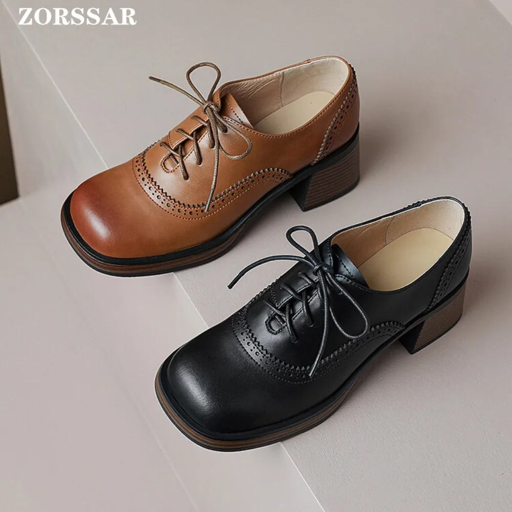 Retro Style Brown Leather Shoes For Women Oxford Square Toe Shoes Square Heel Outdoor Leisure Walking Sneaker Footweight Diaily