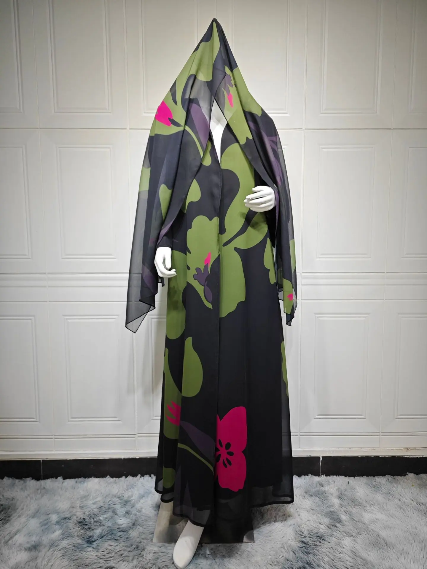 Spring Ramadan Muslim new women's clothing Arab fashion big display chiffon printed long skirt with headscarf two-piece set