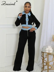 Znaiml Black Rib Knit 2 Piece Women Sets Elegant Lapel Buttons Long Sleeves Crop Top and Wide Leg Pants Suits Birthday Outfits