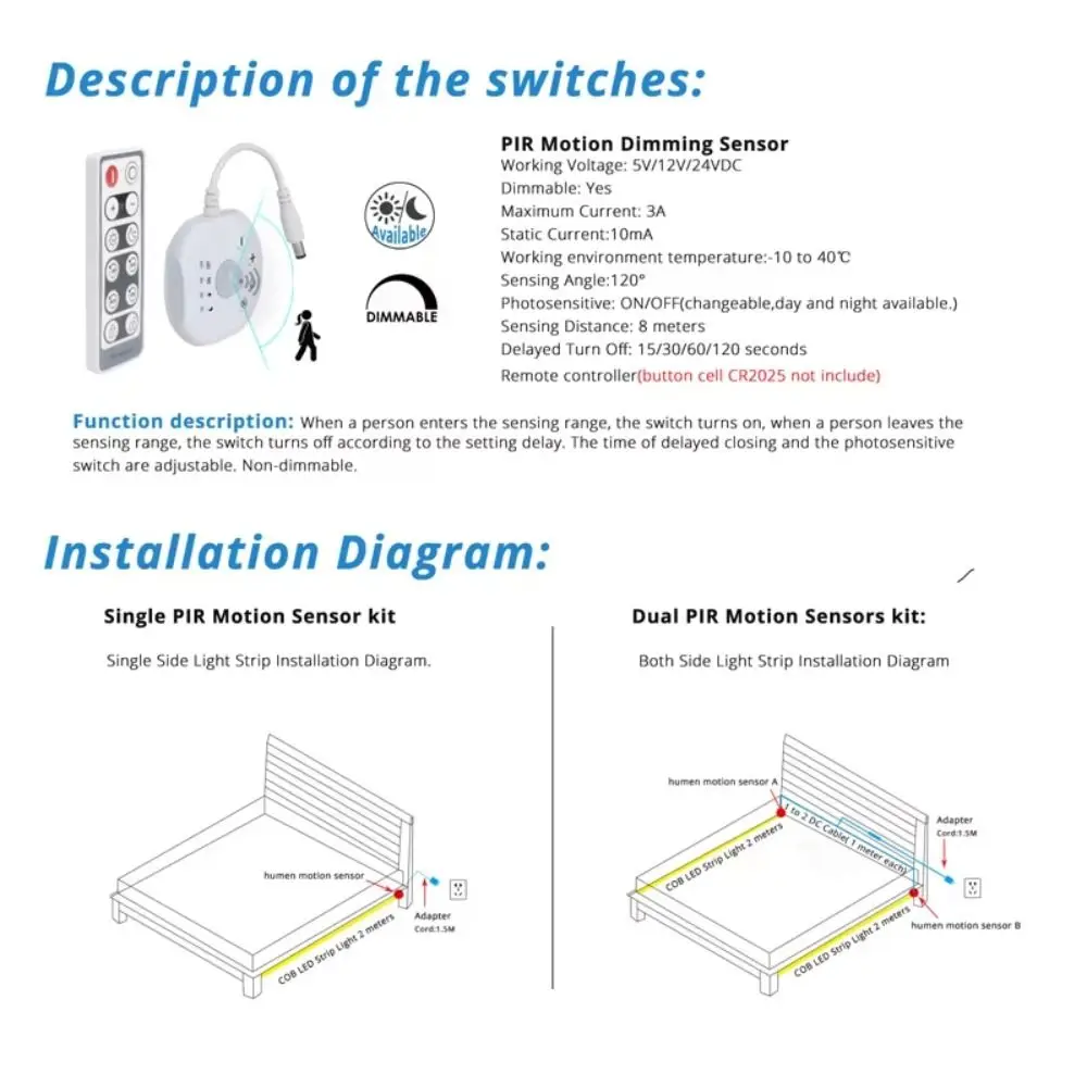 5V 12V 24V 3A Human Body Sensor Dimmer Remote Control Adjustable Brightness PIR Motion Sensor Dimmer Durable High Sensitivity