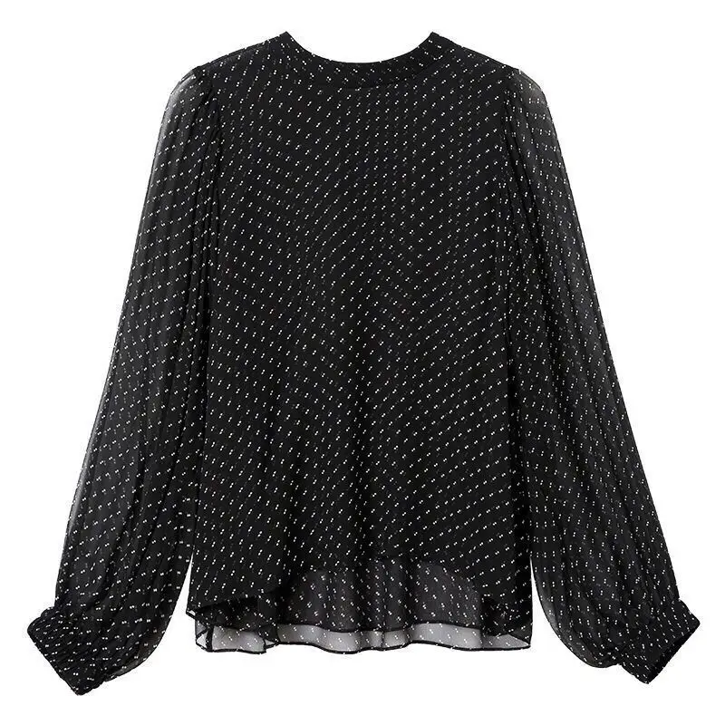 2024 Women\'s New Spring Autumn Solid Color Stand Collar Polka Dot Elegant Loose Casual Lantern Sleeve Commuter Chiffon Tops