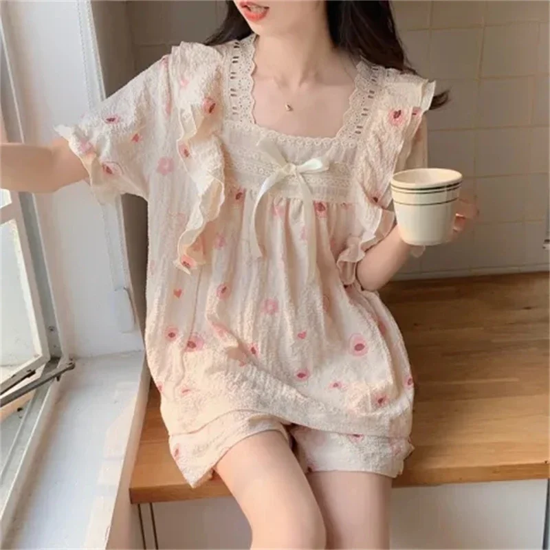 Korean Sweet Cute Y2k Women\'s 2Ps/set Pajamas Cartoon Print Short Female Sleepwear 2024 New Summer Cotton and Linen Housewear