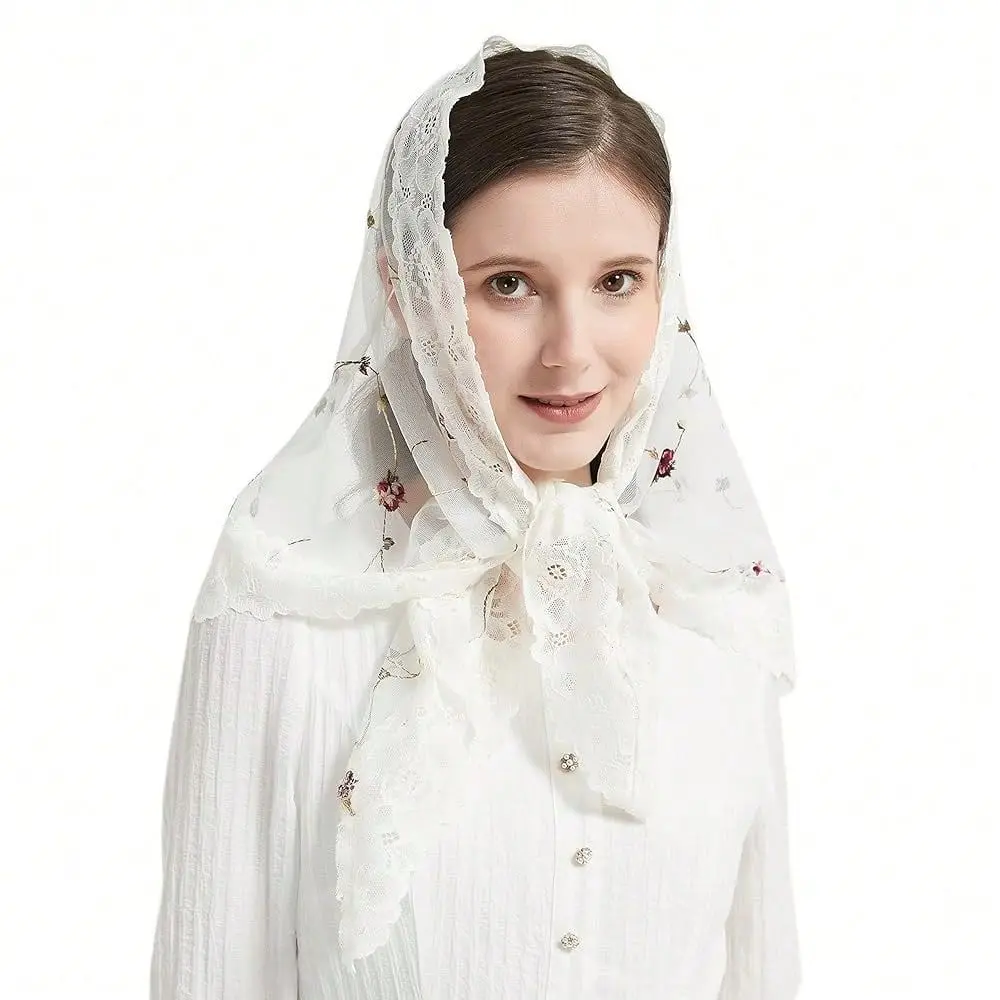 

Mantilla Lace Rose Embroidery Navy Pink Ivory Veil Latin Mass M6