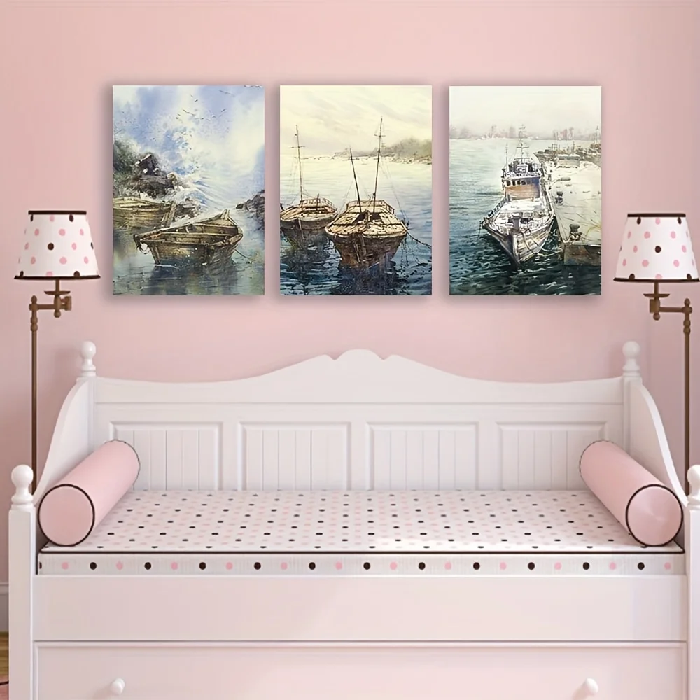 2D Flat 3pcs Unframed dsdsgog Watercolour Abstract Boats Painting on Canvas Poster Prints Wall Art Seafood Pictures for Room