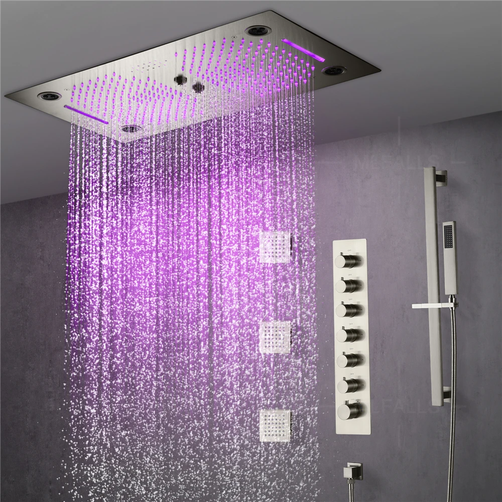 NEW 6 Functions Luxury Bathroom Shower Faucet Nickel Brush 64 Color Wall Mounted Thermostatic Shower Set With Music