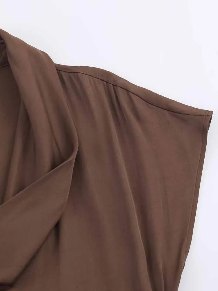 유럽 및 미국 스타일 가을 신상품 패셔너블 여성 반팔 미디 드레스 벨트 및 드레이프 넥 포함