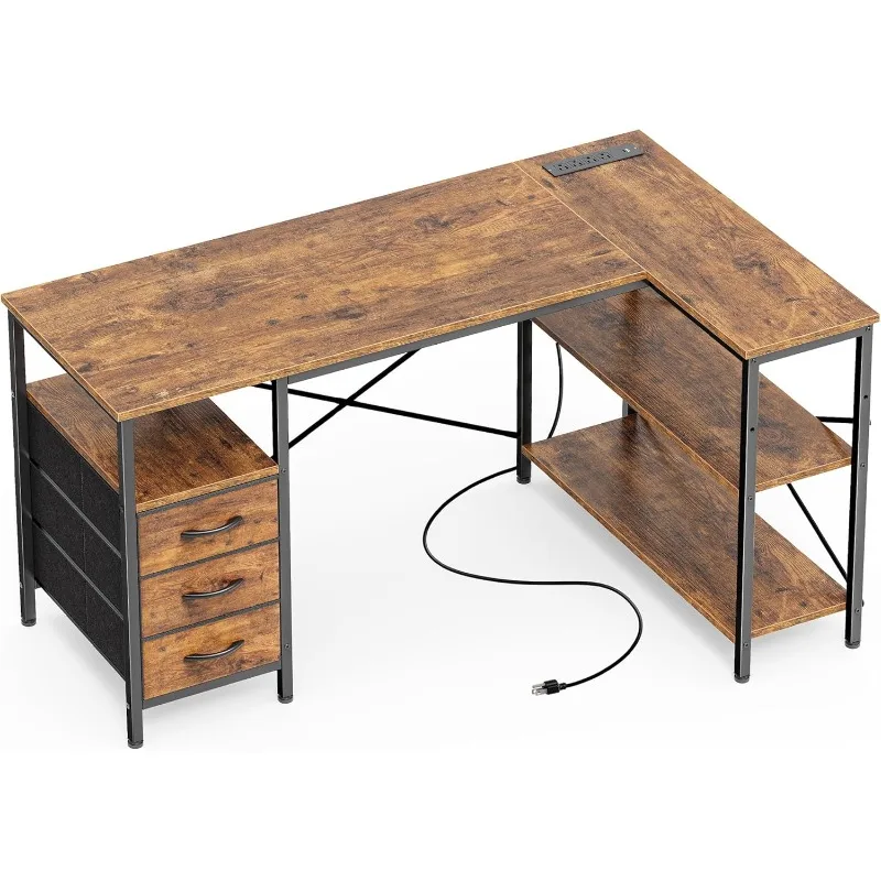 L Shaped Office Desk with Power Outlets, 47 Inch Computer Desk with 3 Drawers, Shelves, for Gaming, Corner Work, Home Off
