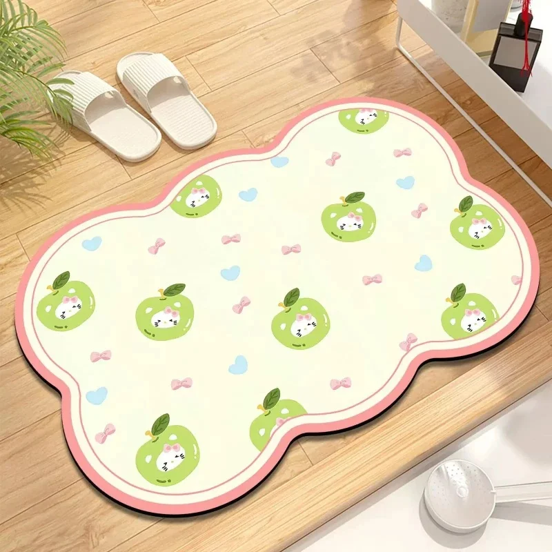 Fresh Green Apple Pattern Hello Kitty Cloud‑Irregular Diatomite Bath Mat Cute Fruit Cartoon Floor Mat