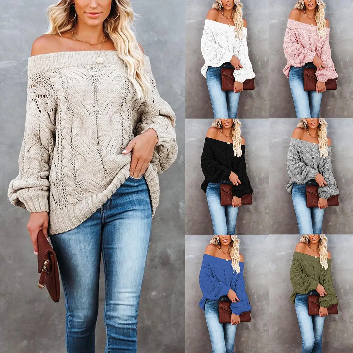 

Loose Knitted Sweater oulder Bared Pure Color Women's Long Sve Thiened Autumn Winter New Sle Comfortable Crew Ne Top