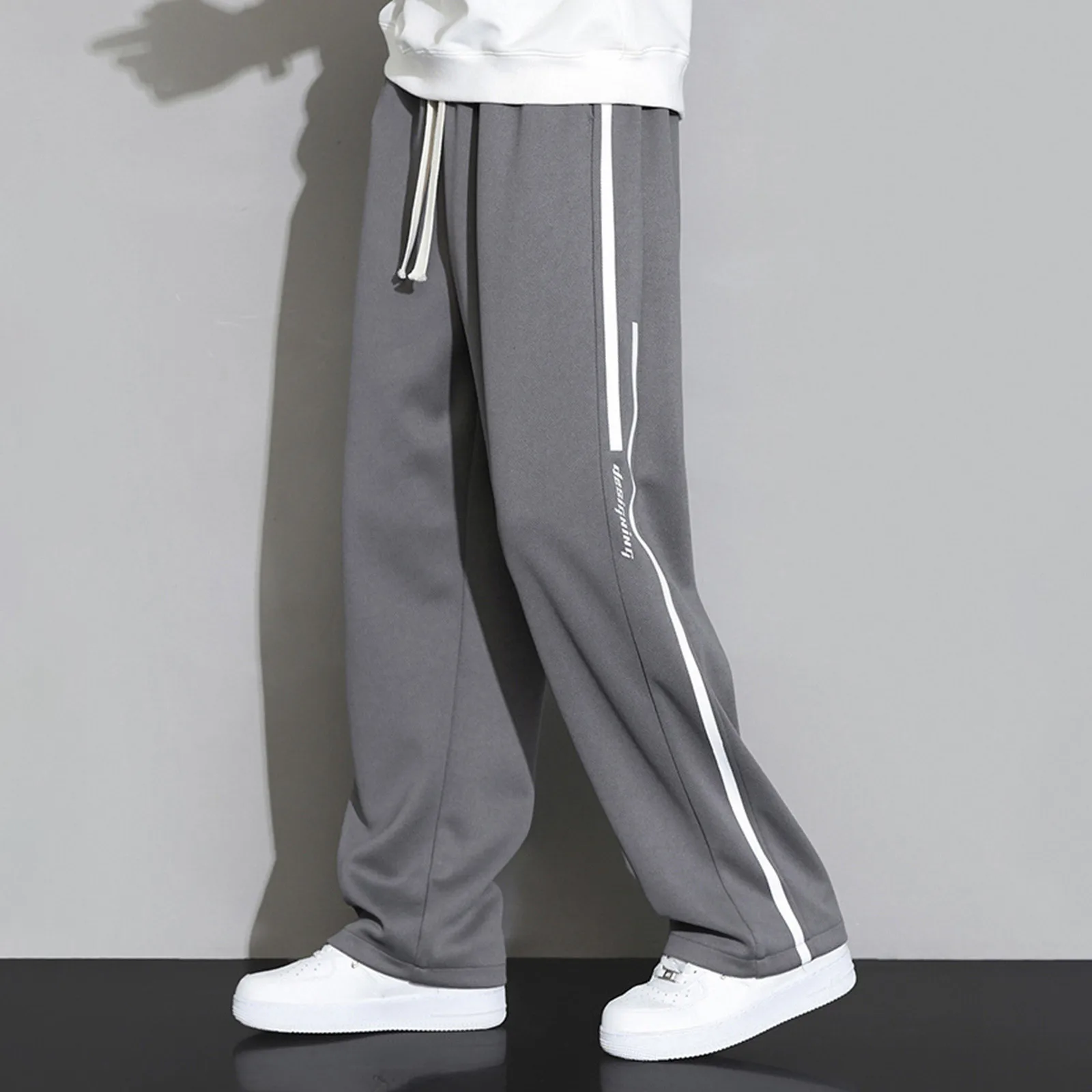 Men Sweatpants Wide Leg Loose Drawstring Elastic Waist Straight Solid Color Soft Breathable Deep Crotch Full Length Sports Pants