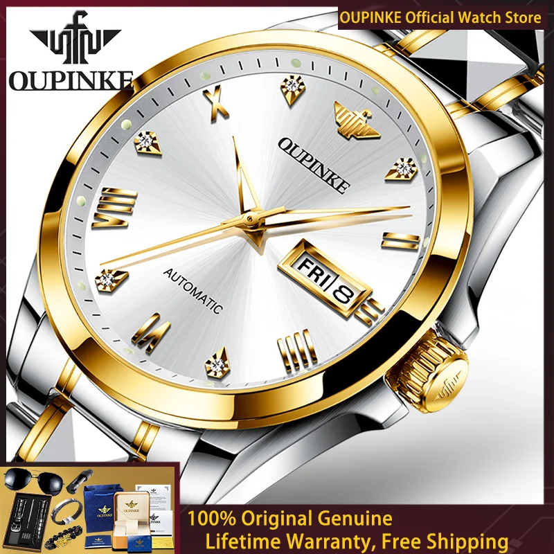 OUPINKE Men Mechanical Watch Luxury Original All Automatic Watch Roman Scale Dual Calendar Sapphire Mirror Simple Men Watch 3171